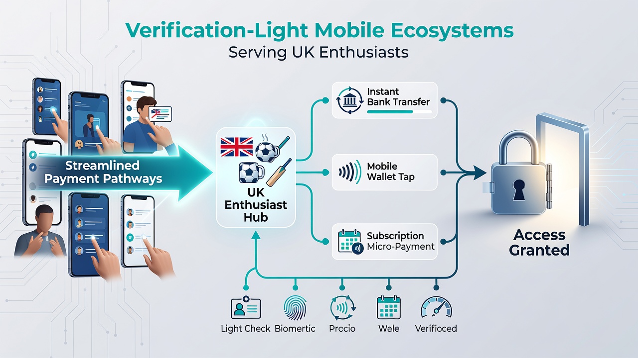 Infographic illustrating payment flow diagrams and user journey maps for mobile ecosystems with minimal verification steps