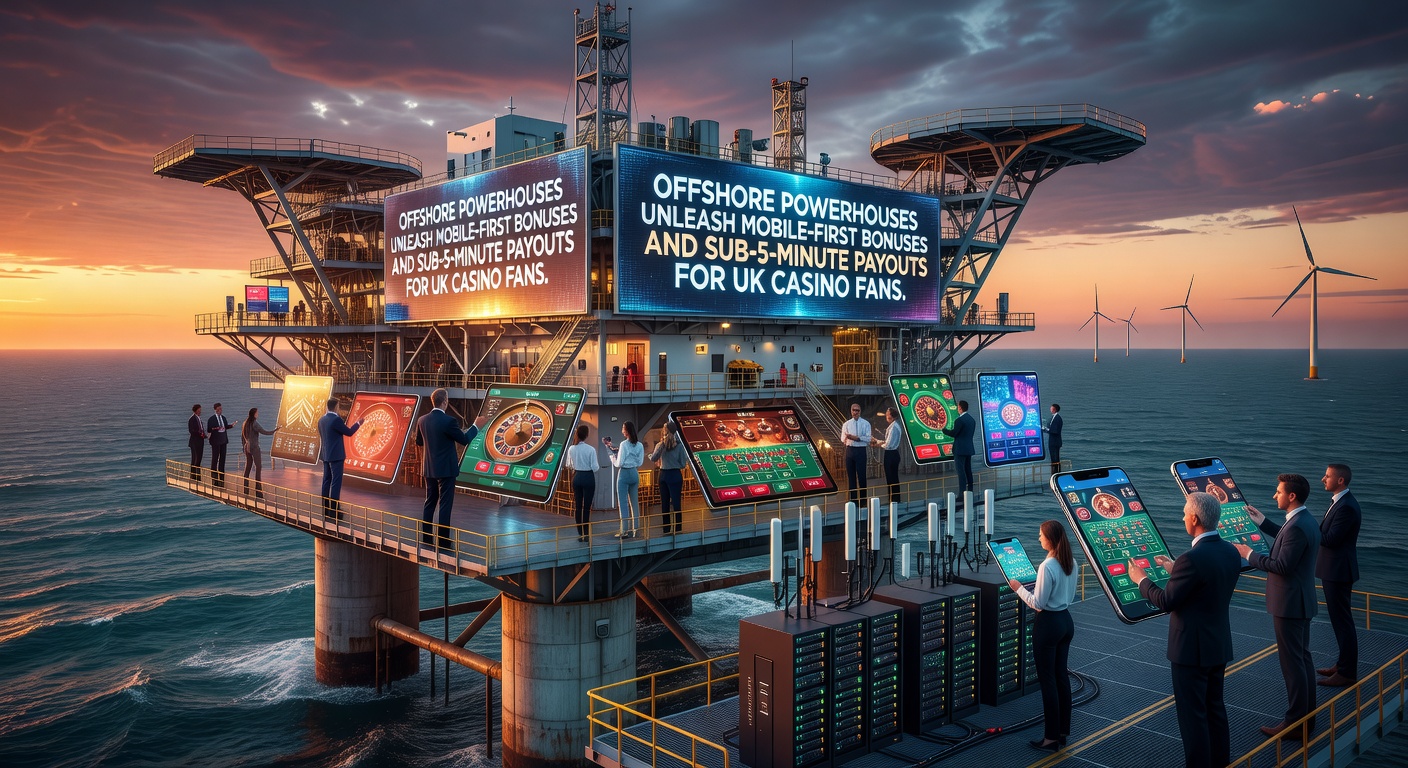 Clock graphic showing payouts processed in under five minutes on an offshore casino app, with UK flags and crypto icons highlighting efficiency