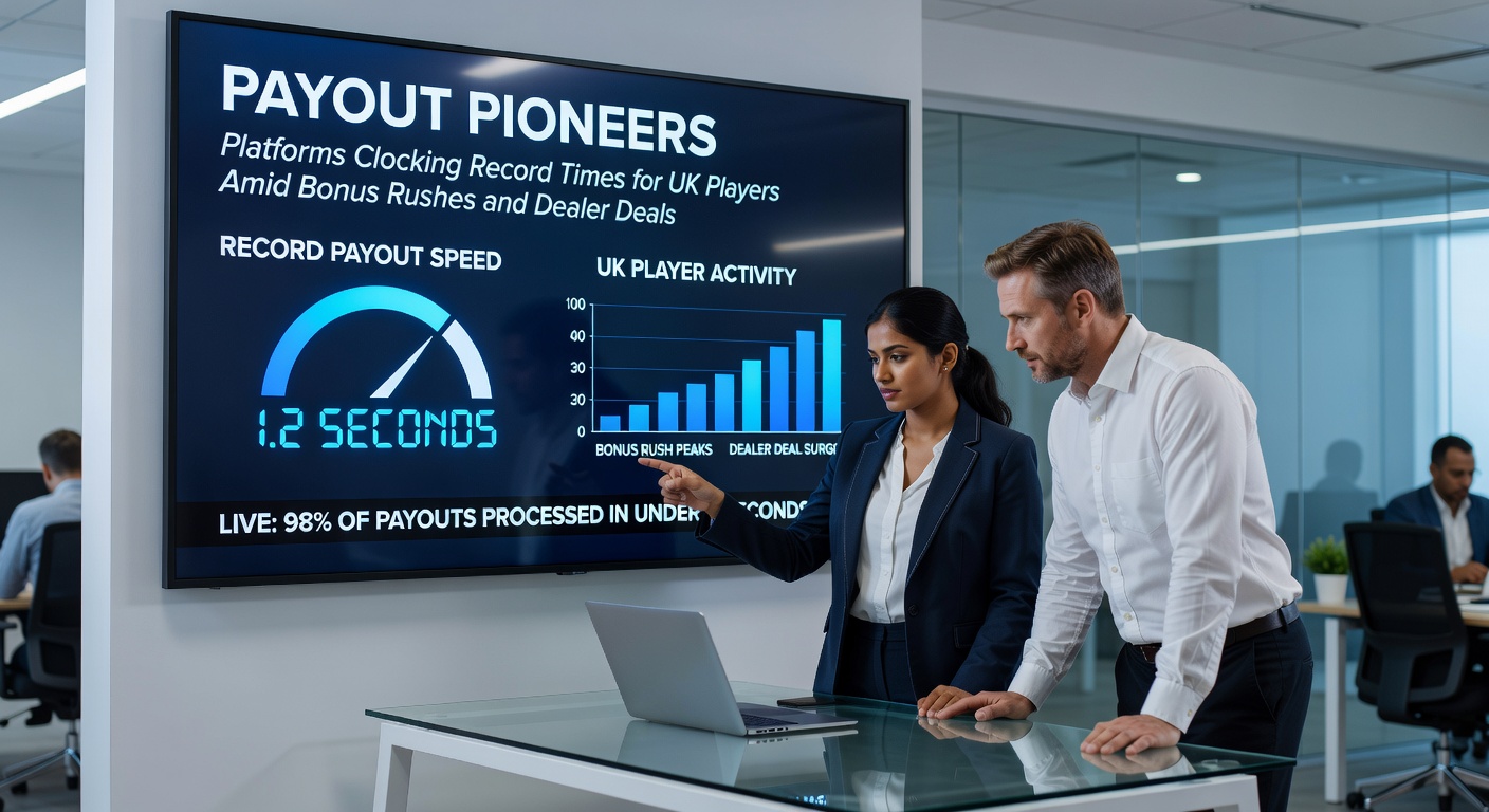 Graph charting payout time reductions from 2025 to March 2026, overlaid with icons of bonuses exploding and live dealer cards flipping, illustrating UK player gains