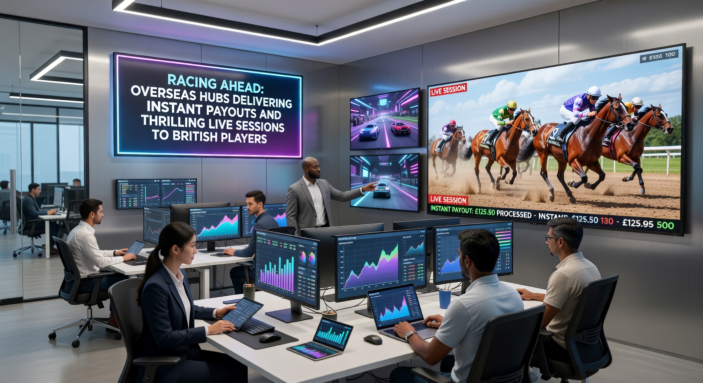 Close-up of a high-stakes live betting interface on an overseas platform, featuring horse racing odds, instant payout buttons, and streaming video feeds accessible to British players